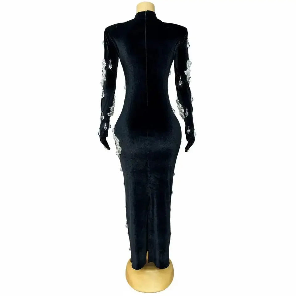 Twinkling Crystals Pendant Trim Fit Velvet Dress