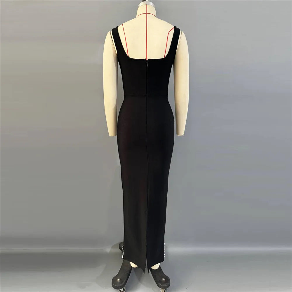 Pearls Embellished  Party Gown Fashion Square Collar Backless  Evening Dress
