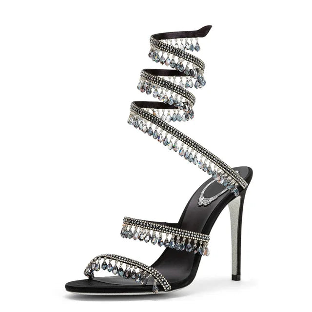 Open Toe Ankle Wrap Stiletto Spiral Heels