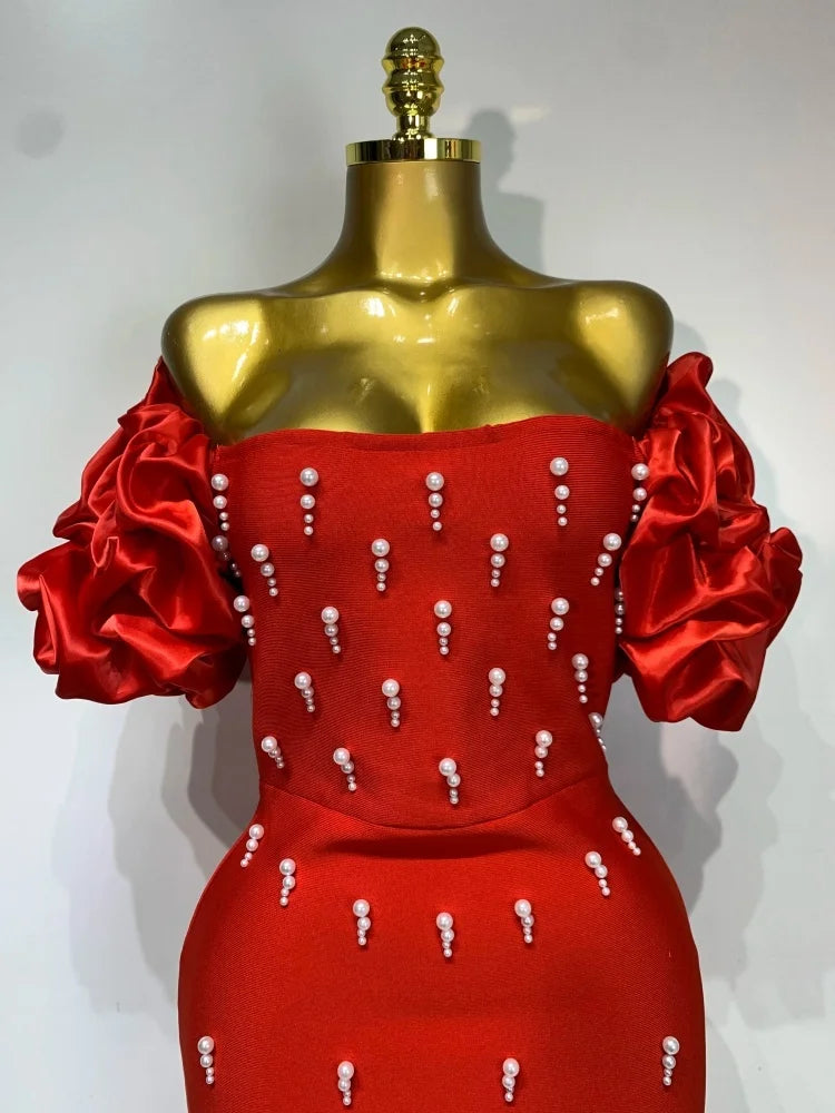 Off Shoulder Red Pearls Bandage Sexy Fancy  Elegant Long Dress
