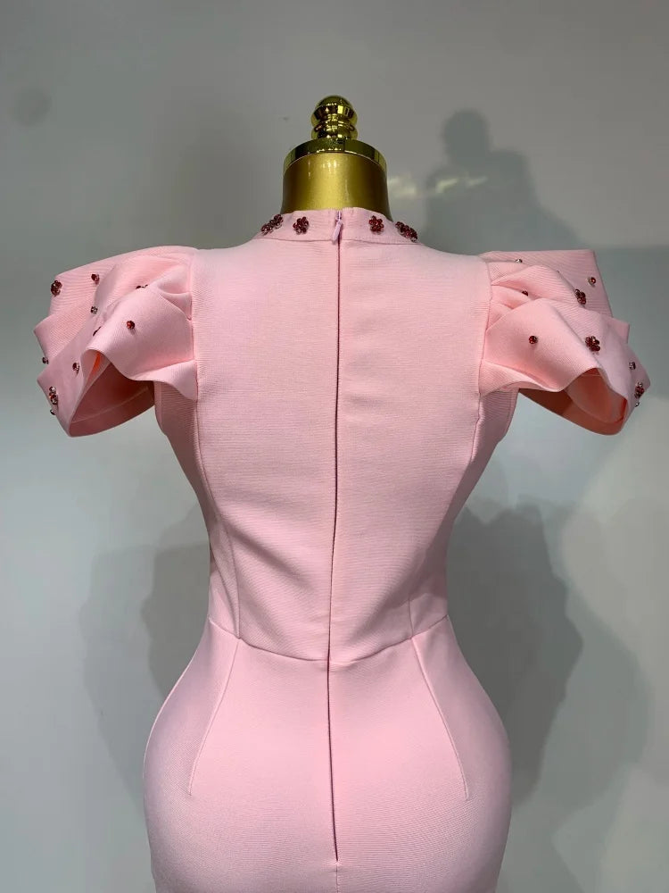 Ruffle Sleeve Beading Bandage Bodycon Long Dress