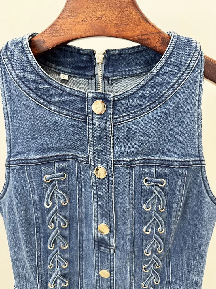 Sexy Sleeveless Denim Lace-up Blue Dress