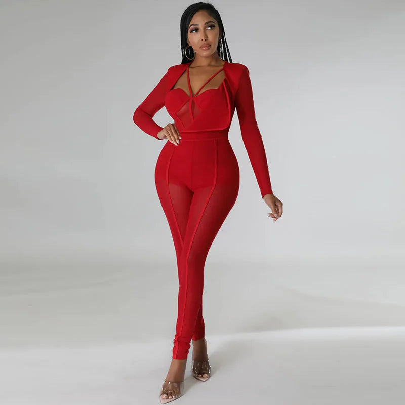 Sexy Mesh Patchwork Sheer Night Club Bodycon Jumpsuit