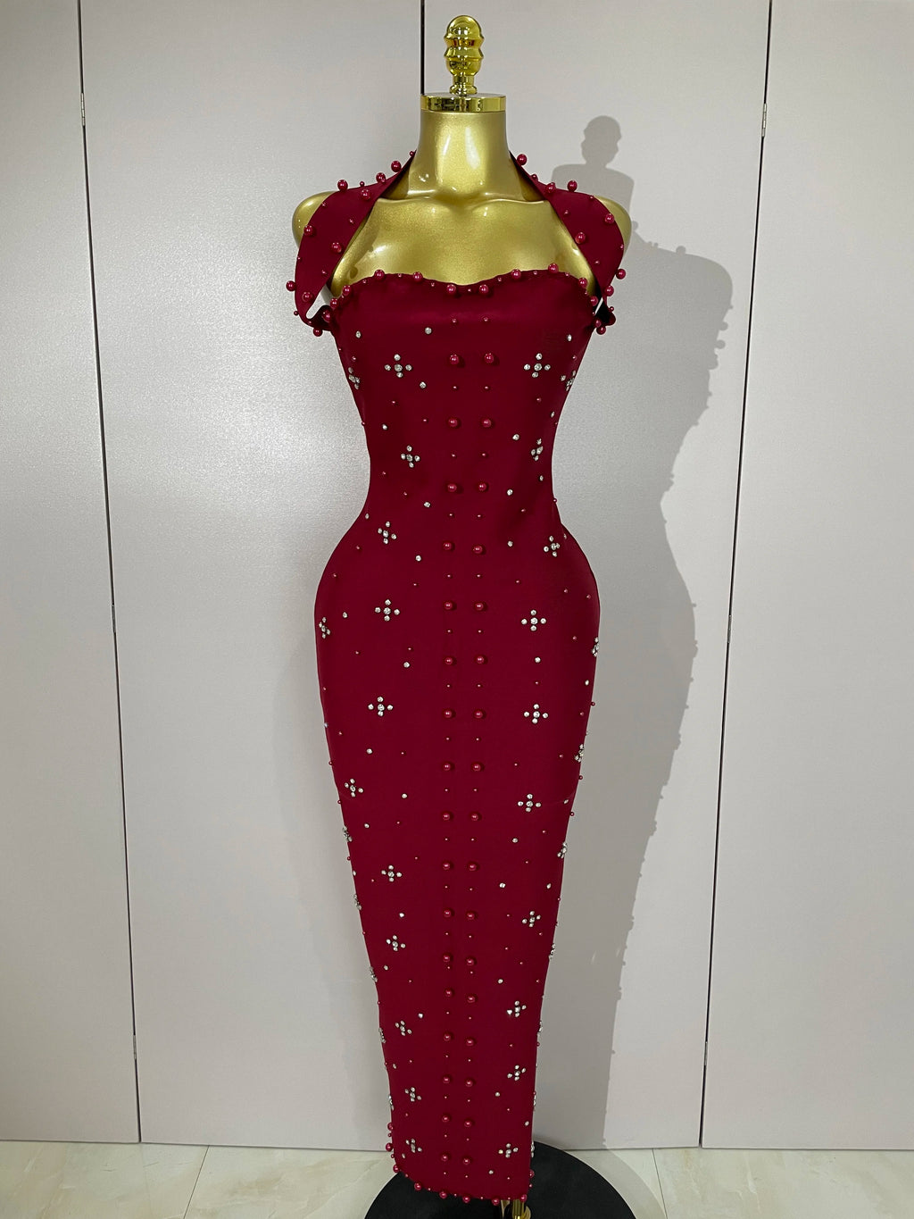 Luxury Shining Diamonds Pearls Sleeveless Bodycon Long Dress