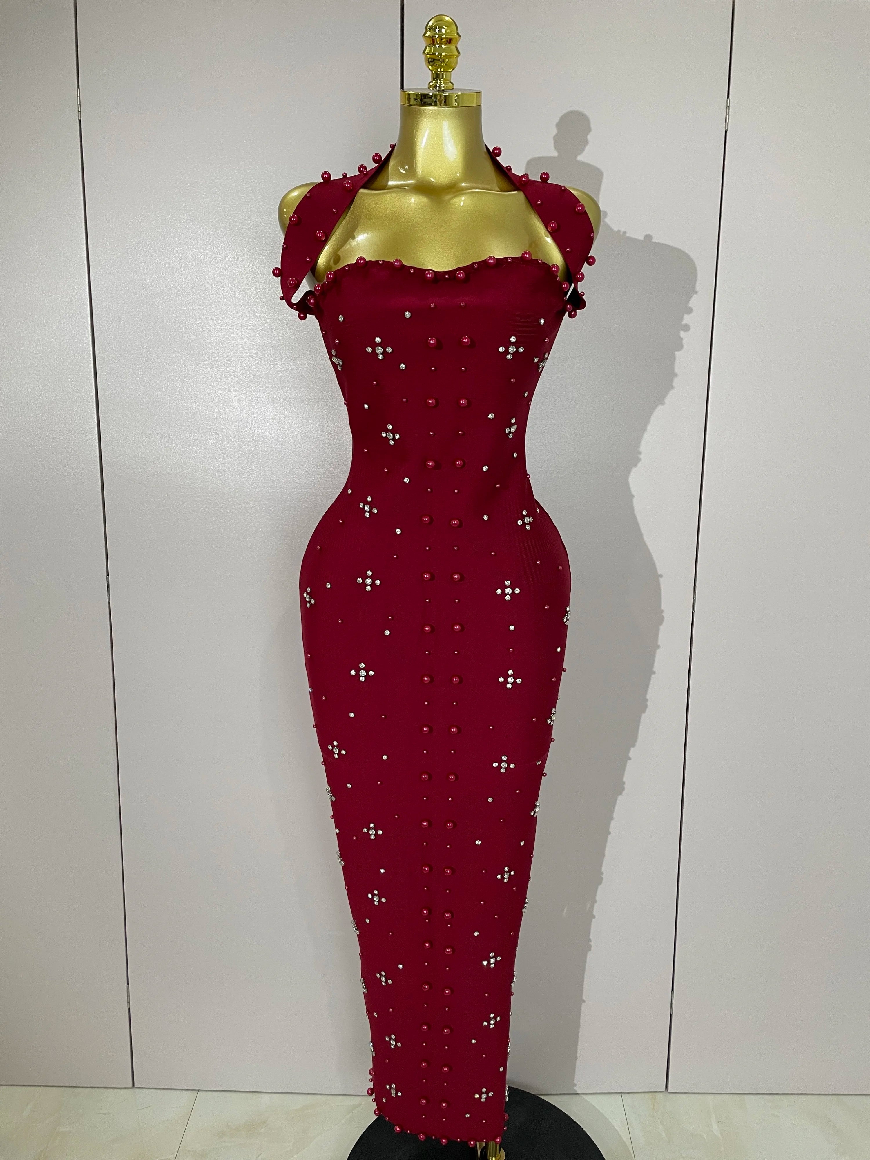 Luxury Shining Diamonds Pearls Sleeveless Bodycon Long Dress