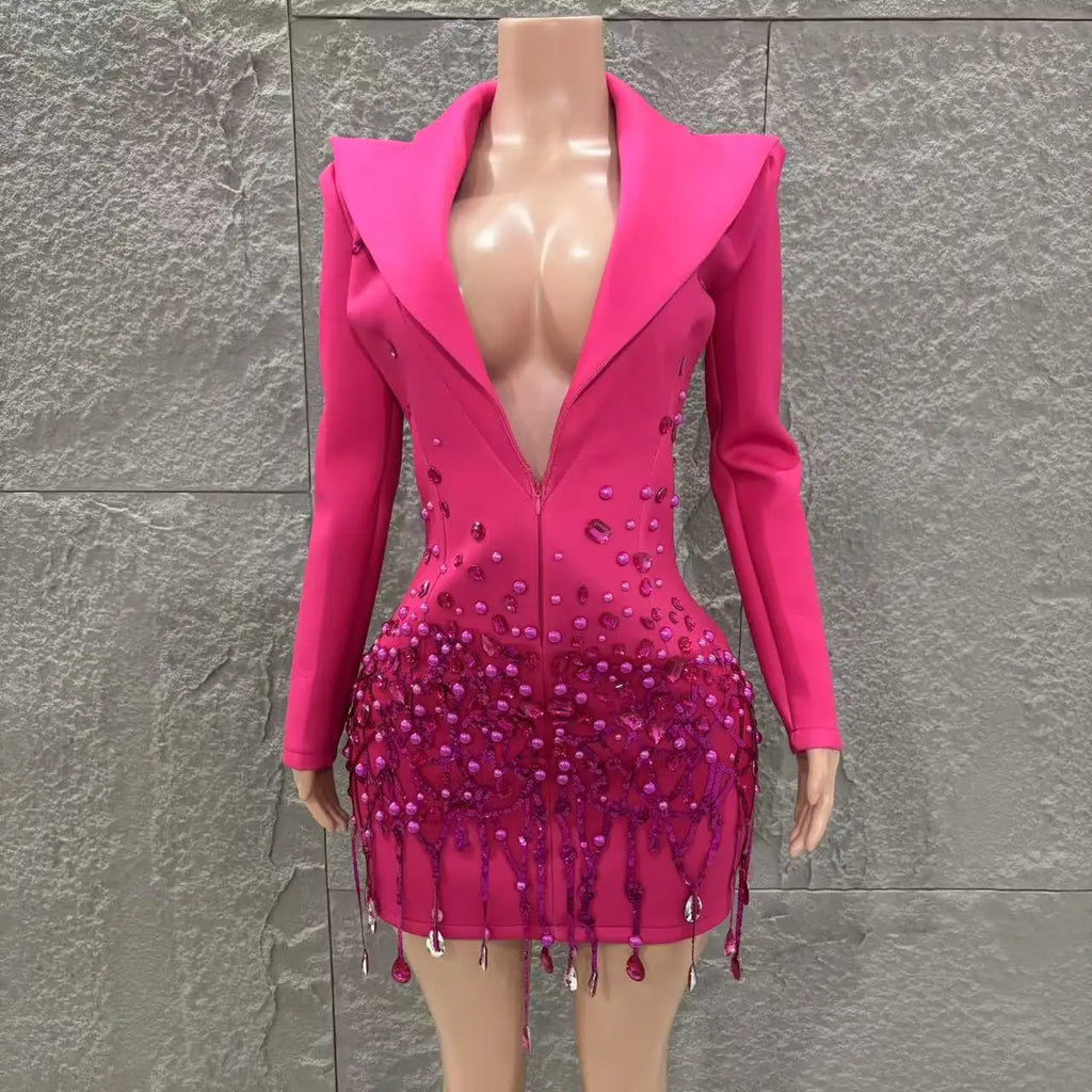 Long Sleeve Sexy Deep V-Neck Bodycon Blazer Dress