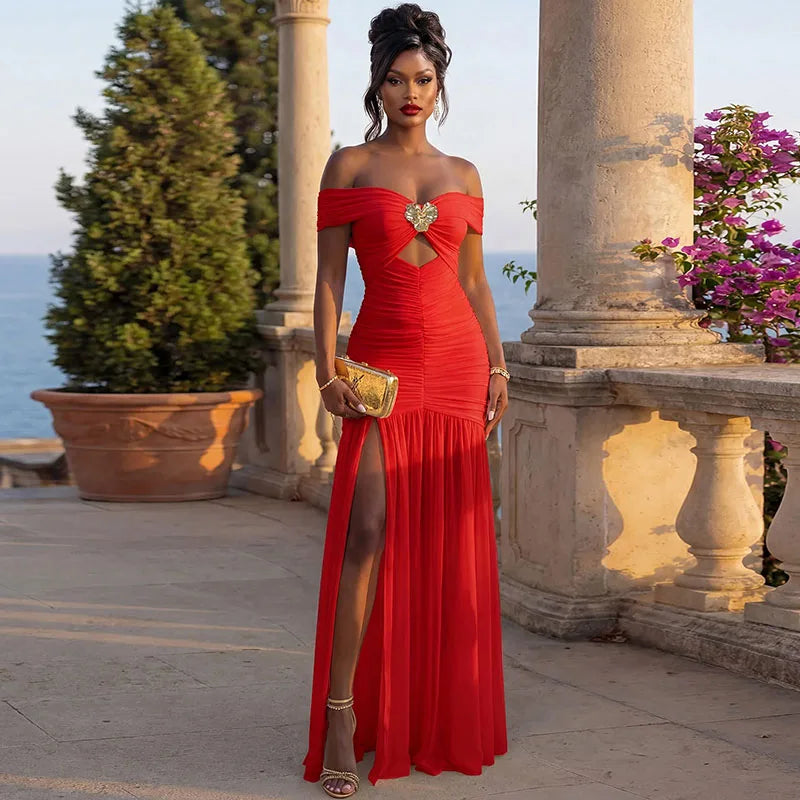 Elegant Slash Neck Cut Out Ruched Celebrity Club Party Long Dress