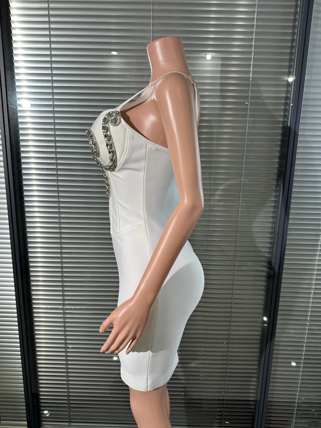 White Silver Rhinestone Embellished Mini Dress