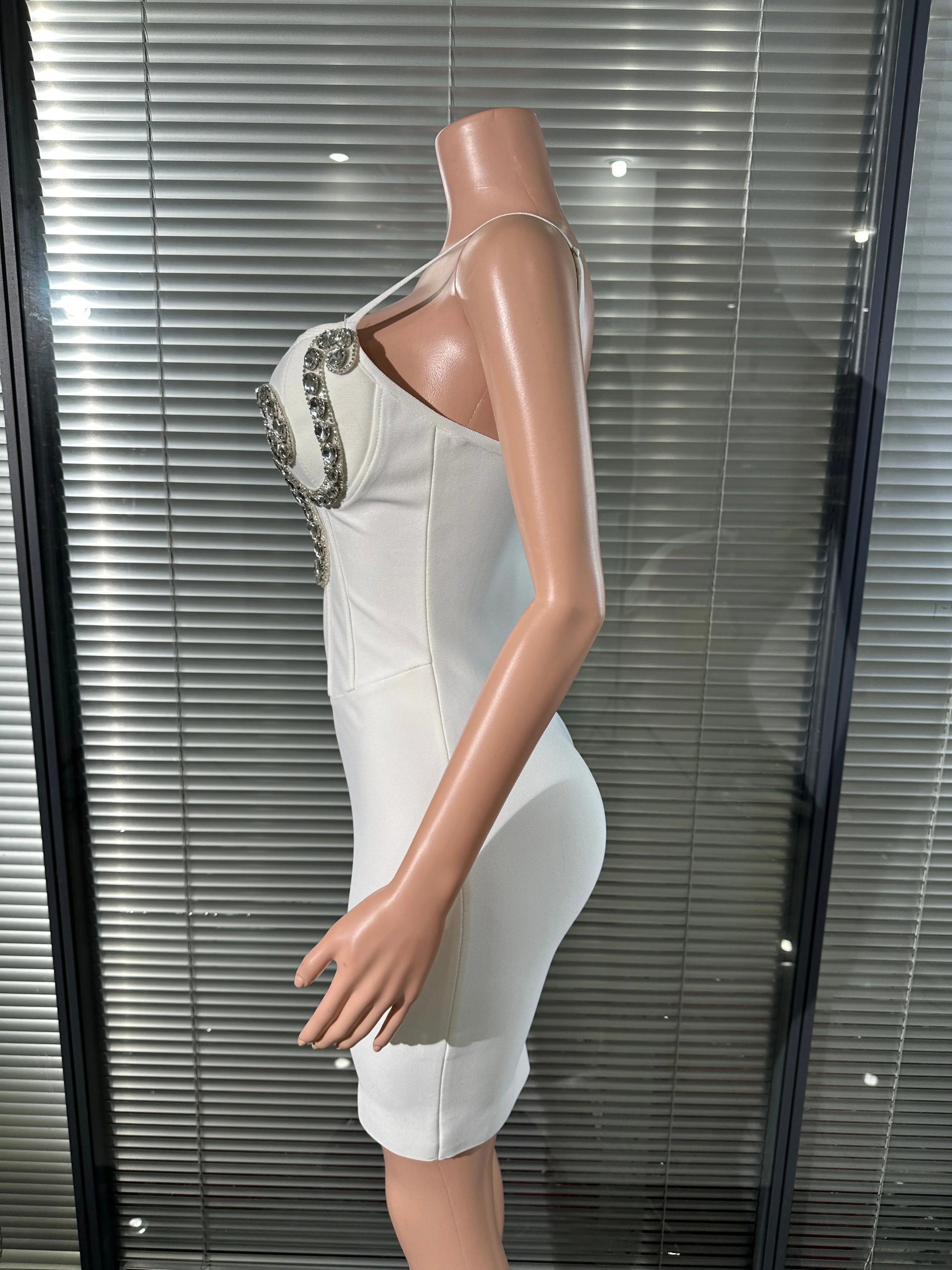 White Silver Rhinestone Embellished Mini Dress