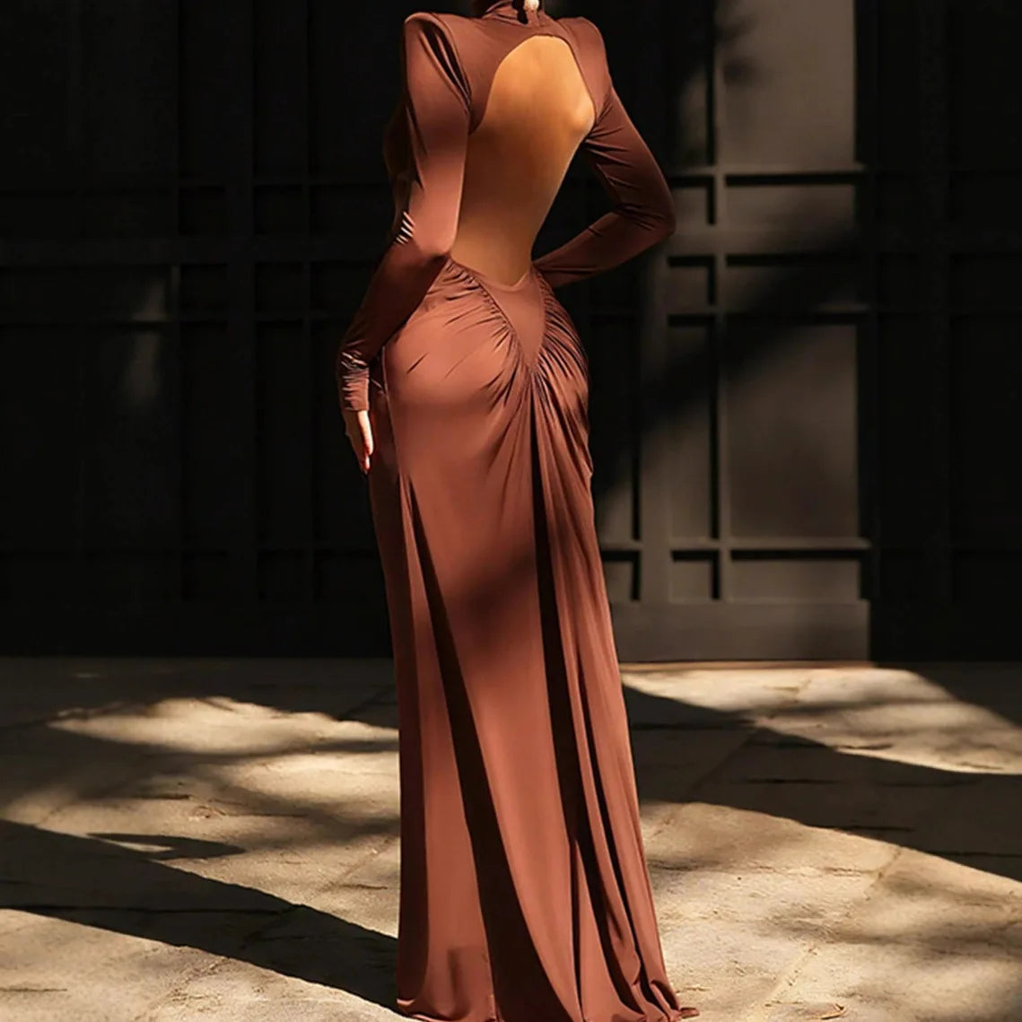 Long Sleeve High Collar Straight Shoulder Backless Pleated Long Dress