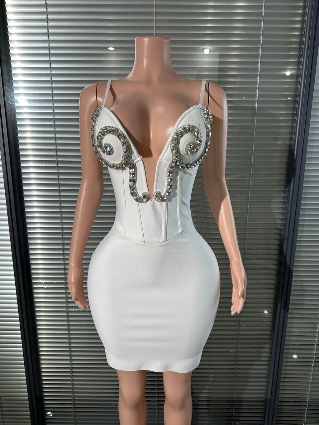 White Silver Rhinestone Embellished Mini Dress