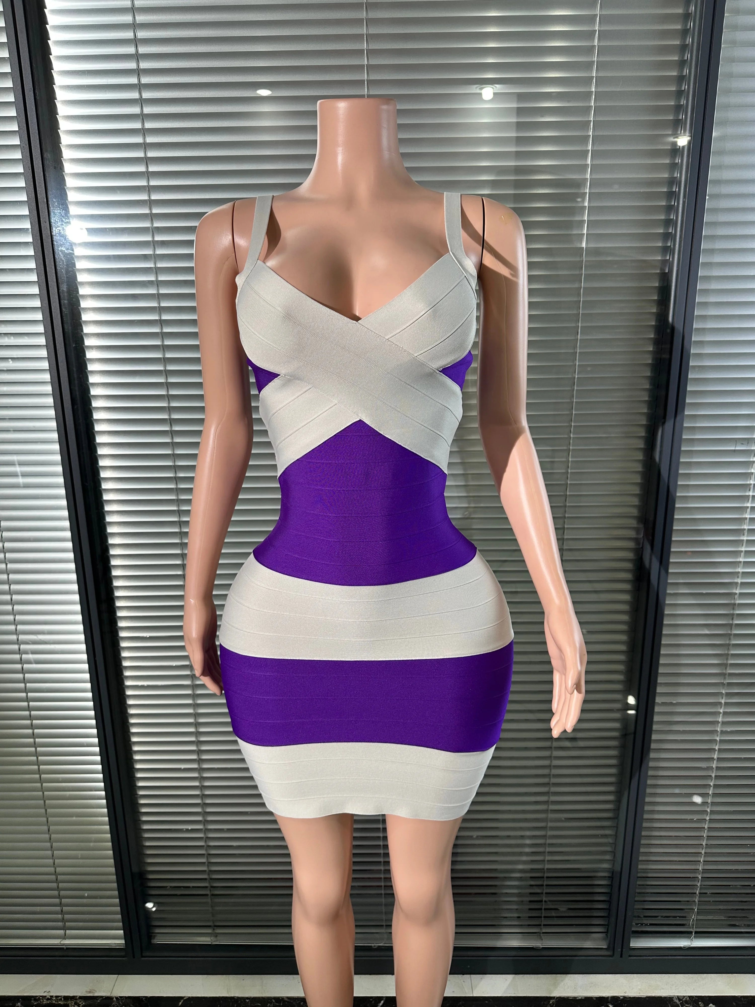 Elegant Purple White Striped Bandage Dress