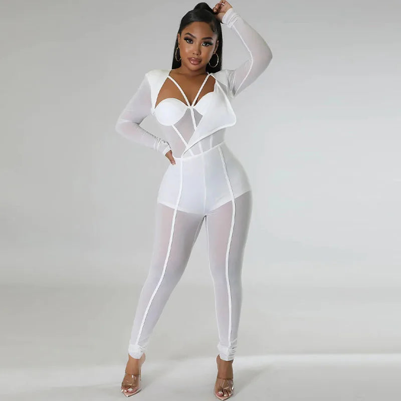 Sexy Mesh Patchwork Sheer Night Club Bodycon Jumpsuit