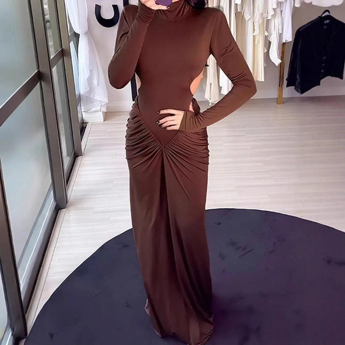 Long Sleeve High Collar Straight Shoulder Backless Pleated Long Dress