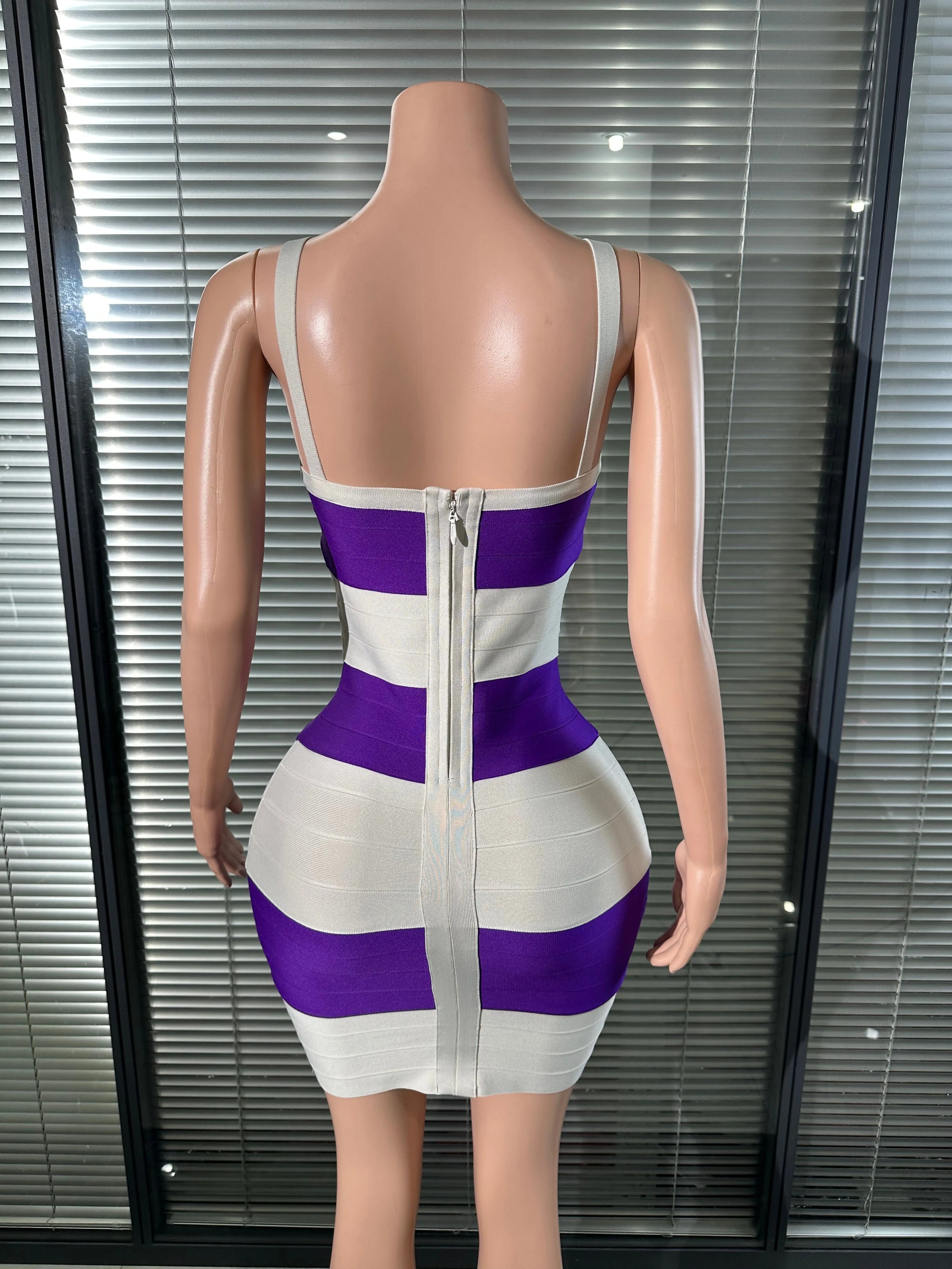 Elegant Purple White Striped Bandage Dress