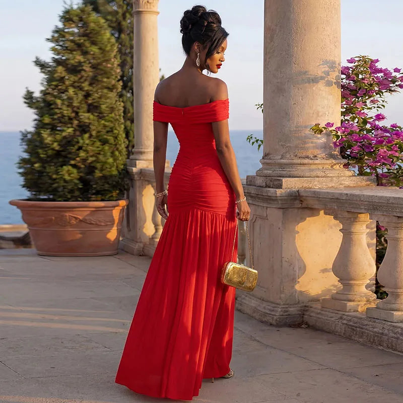 Elegant Slash Neck Cut Out Ruched Celebrity Club Party Long Dress