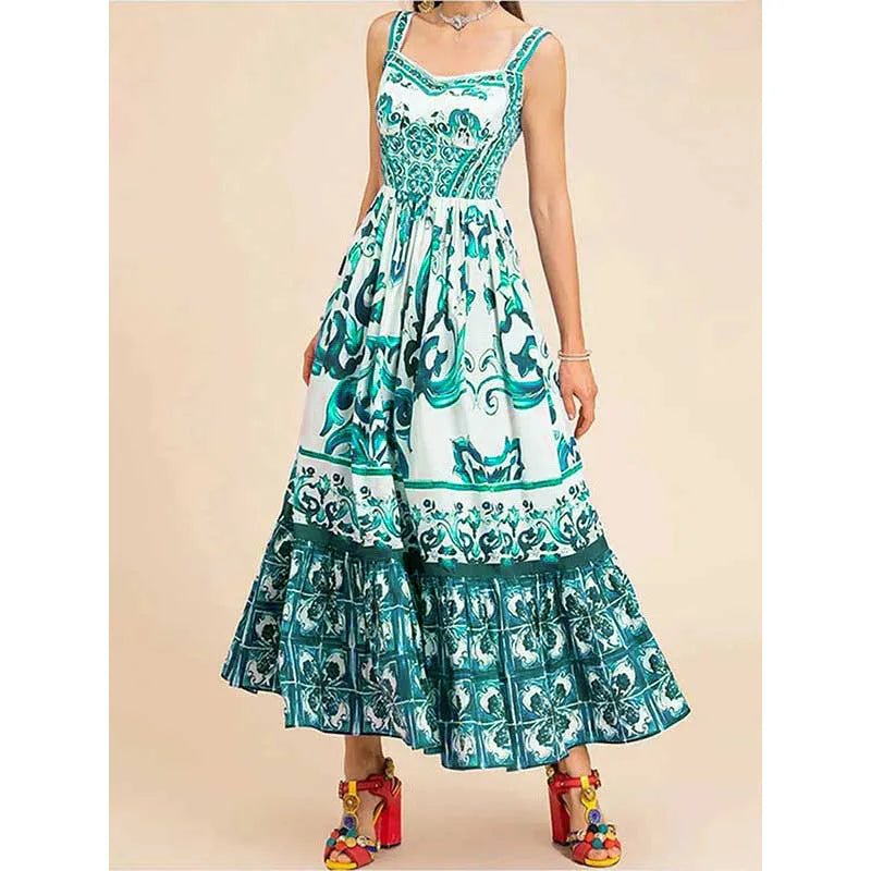 Pleated Waist Cinched Midi Length Halter Dress