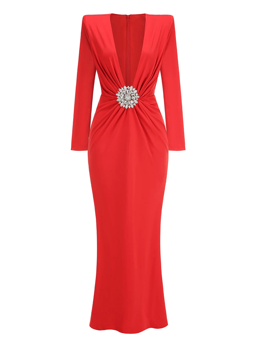 Deep V Neck Crystal Evening Party Dress