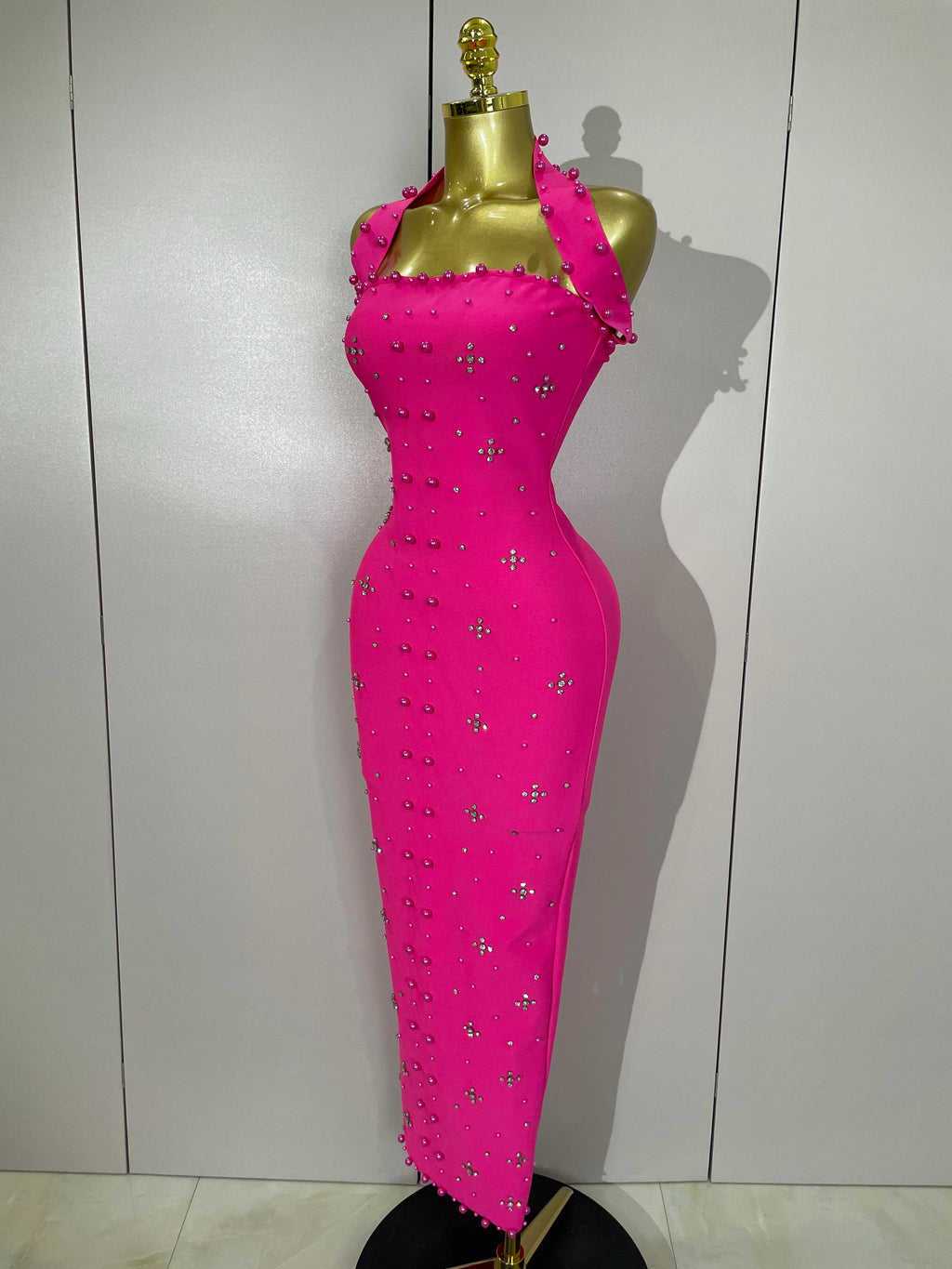 Luxury Shining Diamonds Pearls Sleeveless Bodycon Long Dress