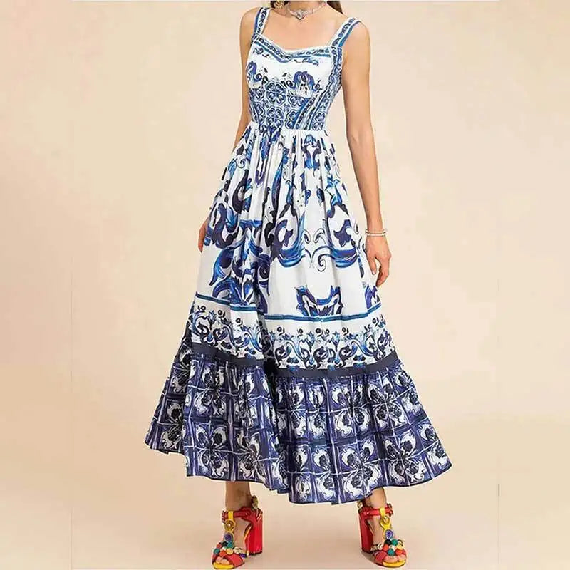 Pleated Waist Cinched Midi Length Halter Dress