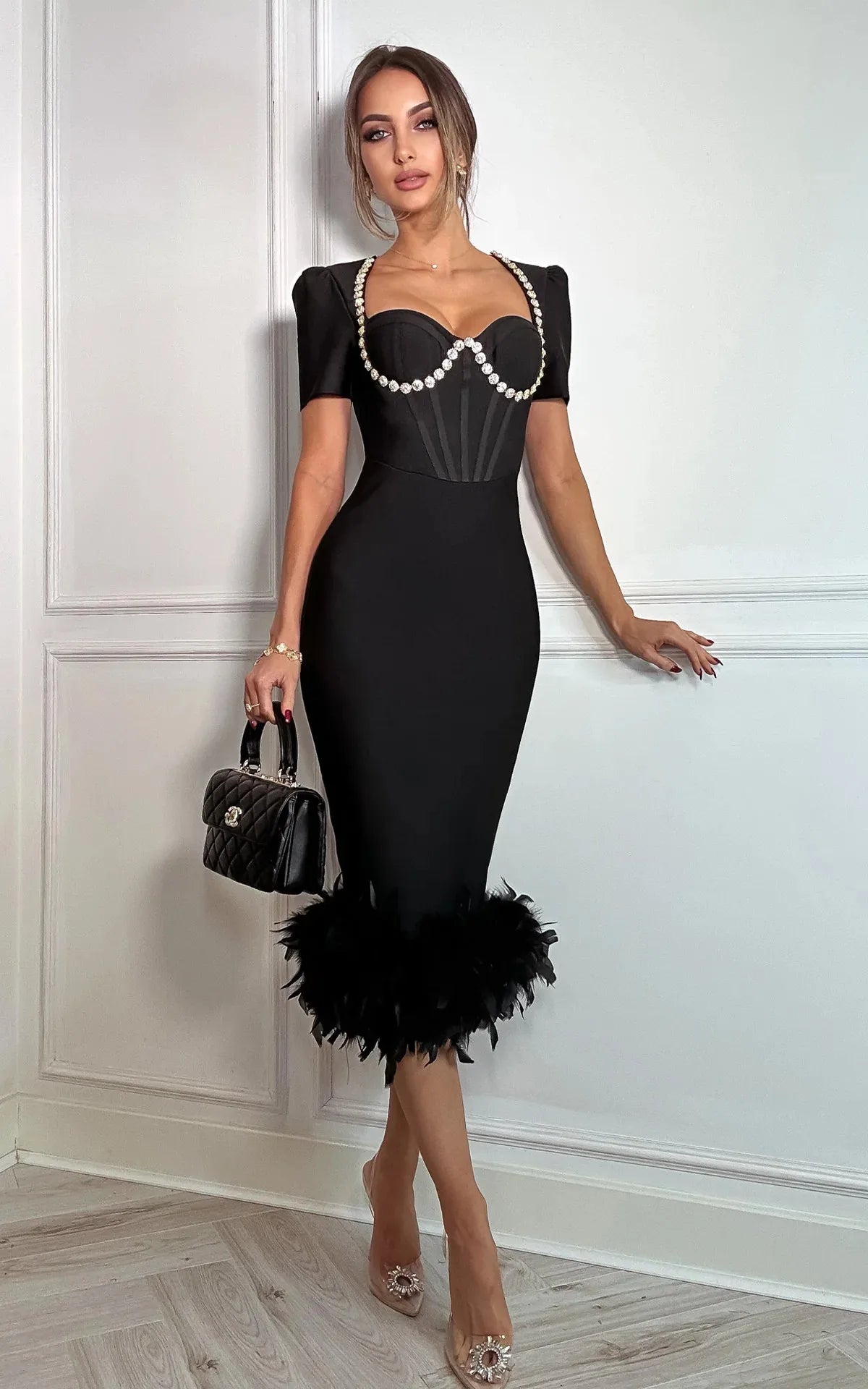 Sexy Short Sleeve Square Collar Feathers Dress