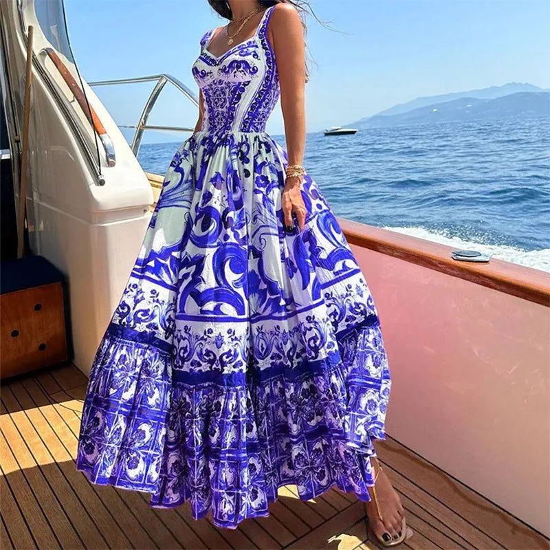 Pleated Waist Cinched Midi Length Halter Dress