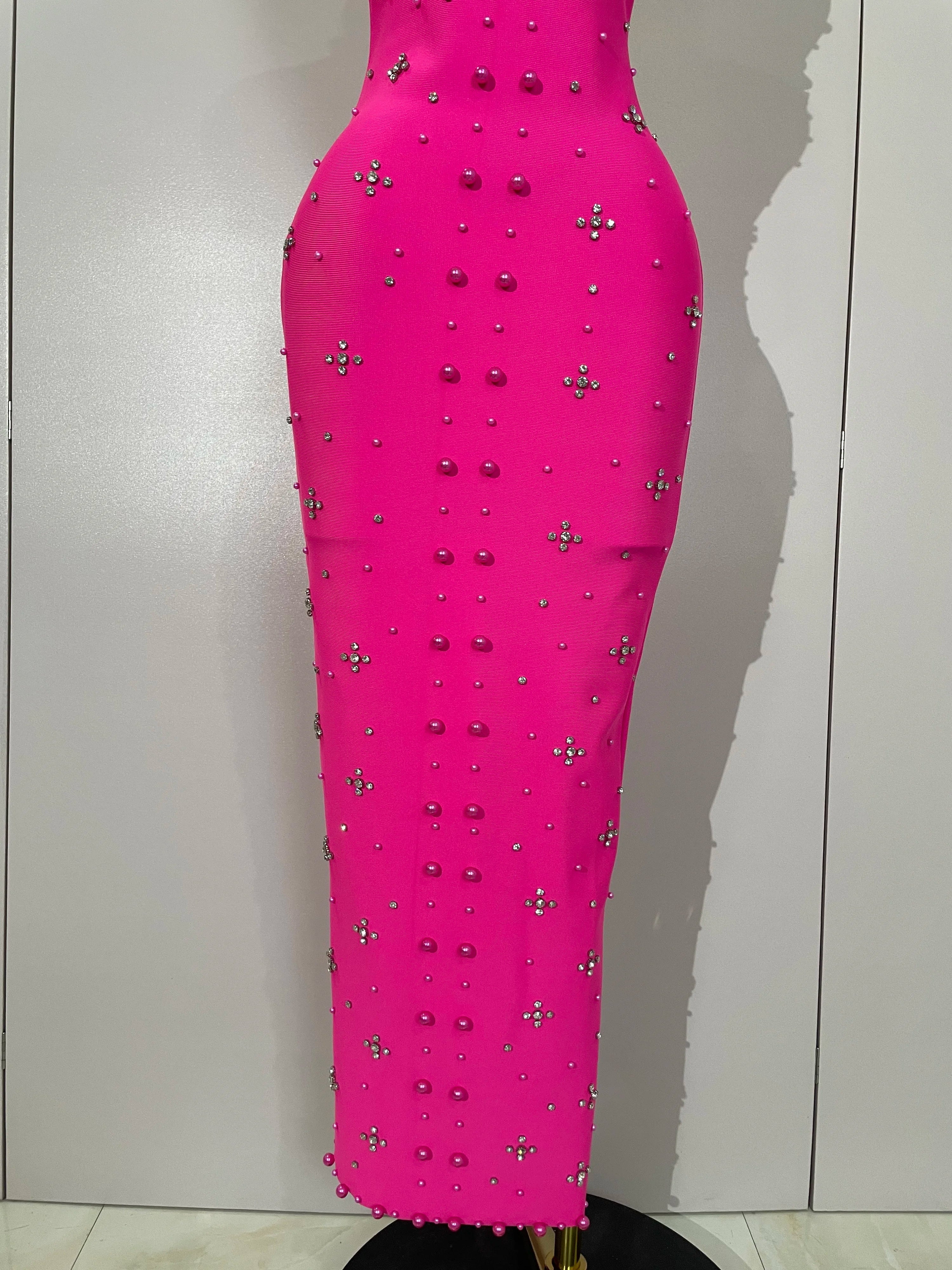 Luxury Shining Diamonds Pearls Sleeveless Bodycon Long Dress