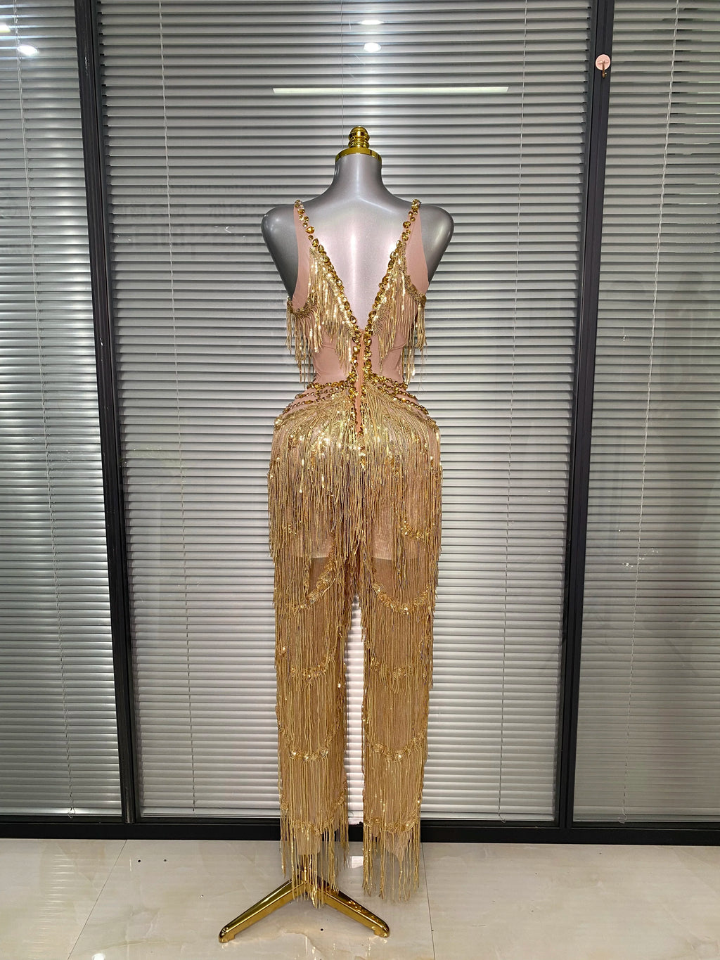 Sexy Gold Tassel Crystal Jumpsuit