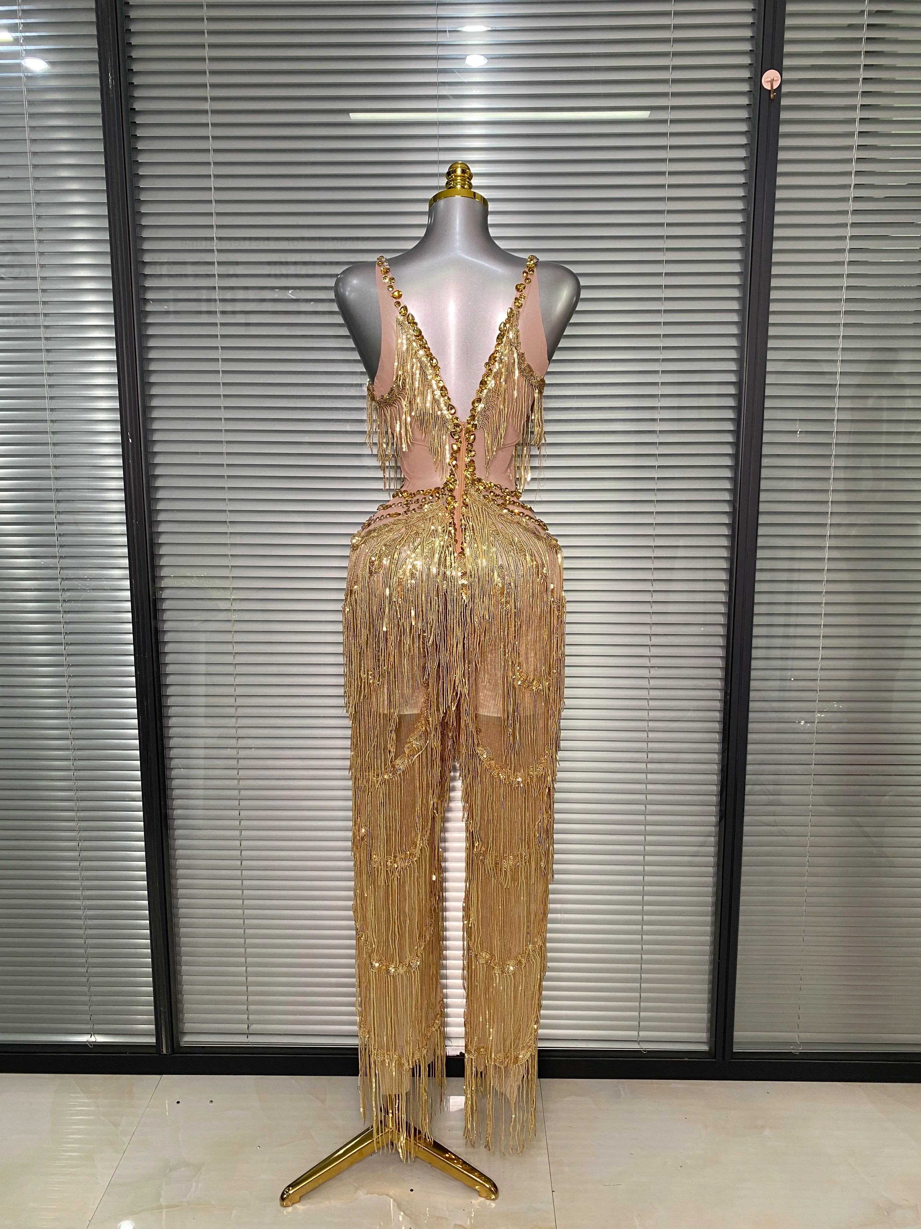 Sexy Gold Tassel Crystal Jumpsuit