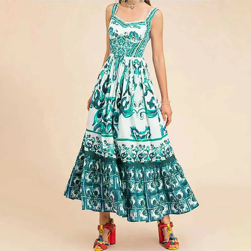 Pleated Waist Cinched Midi Length Halter Dress