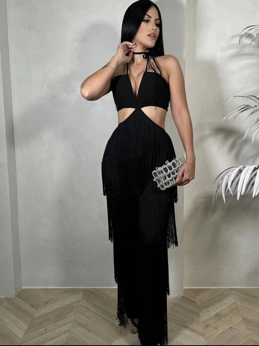 Sexy Tassel Halter Bandage Jumpsuits
