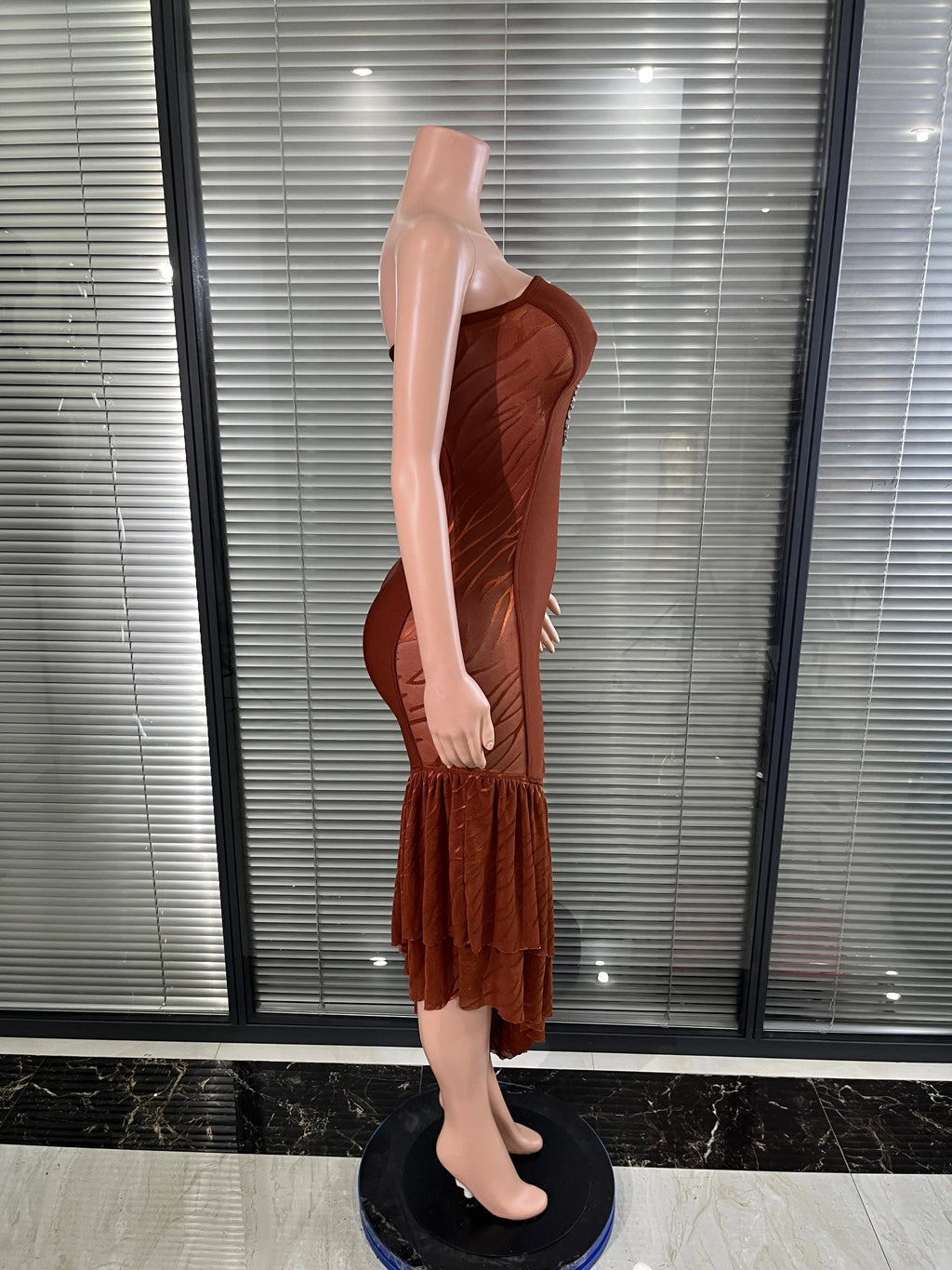 Brown Strapless Bodycon Midi Dress