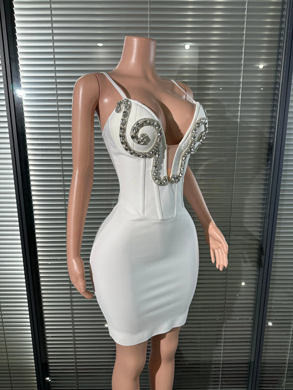White Silver Rhinestone Embellished Mini Dress