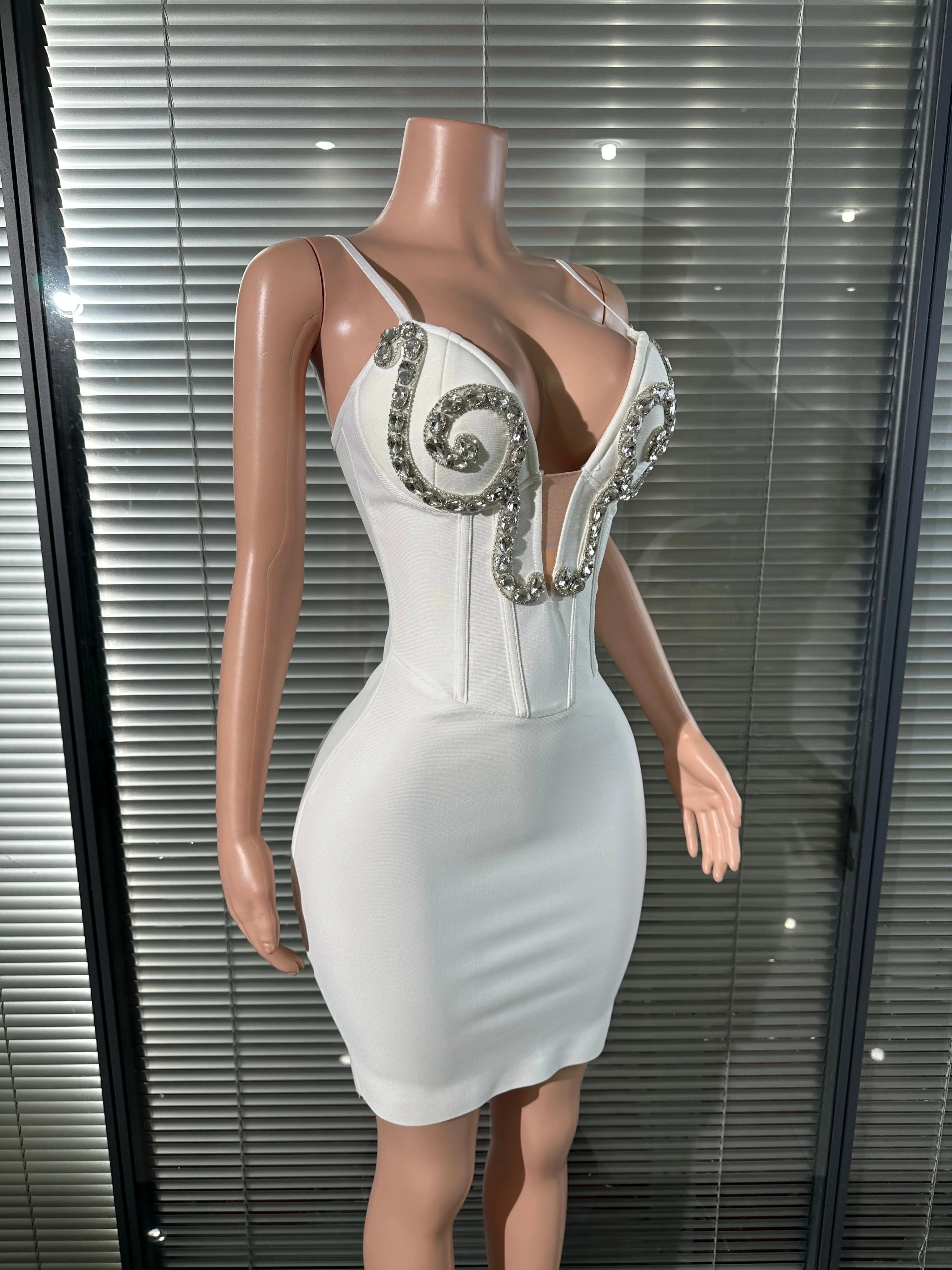White Silver Rhinestone Embellished Mini Dress