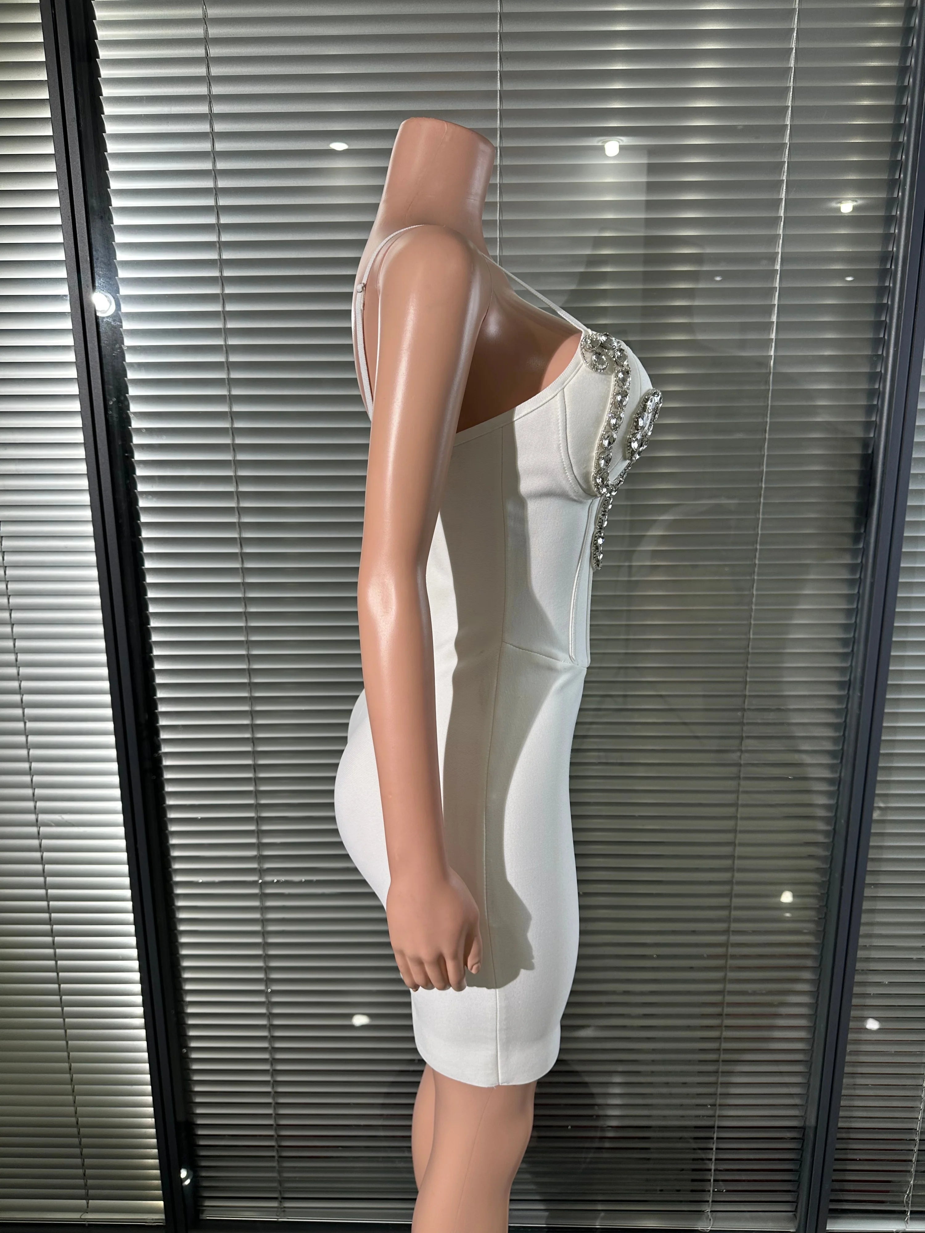 White Silver Rhinestone Embellished Mini Dress