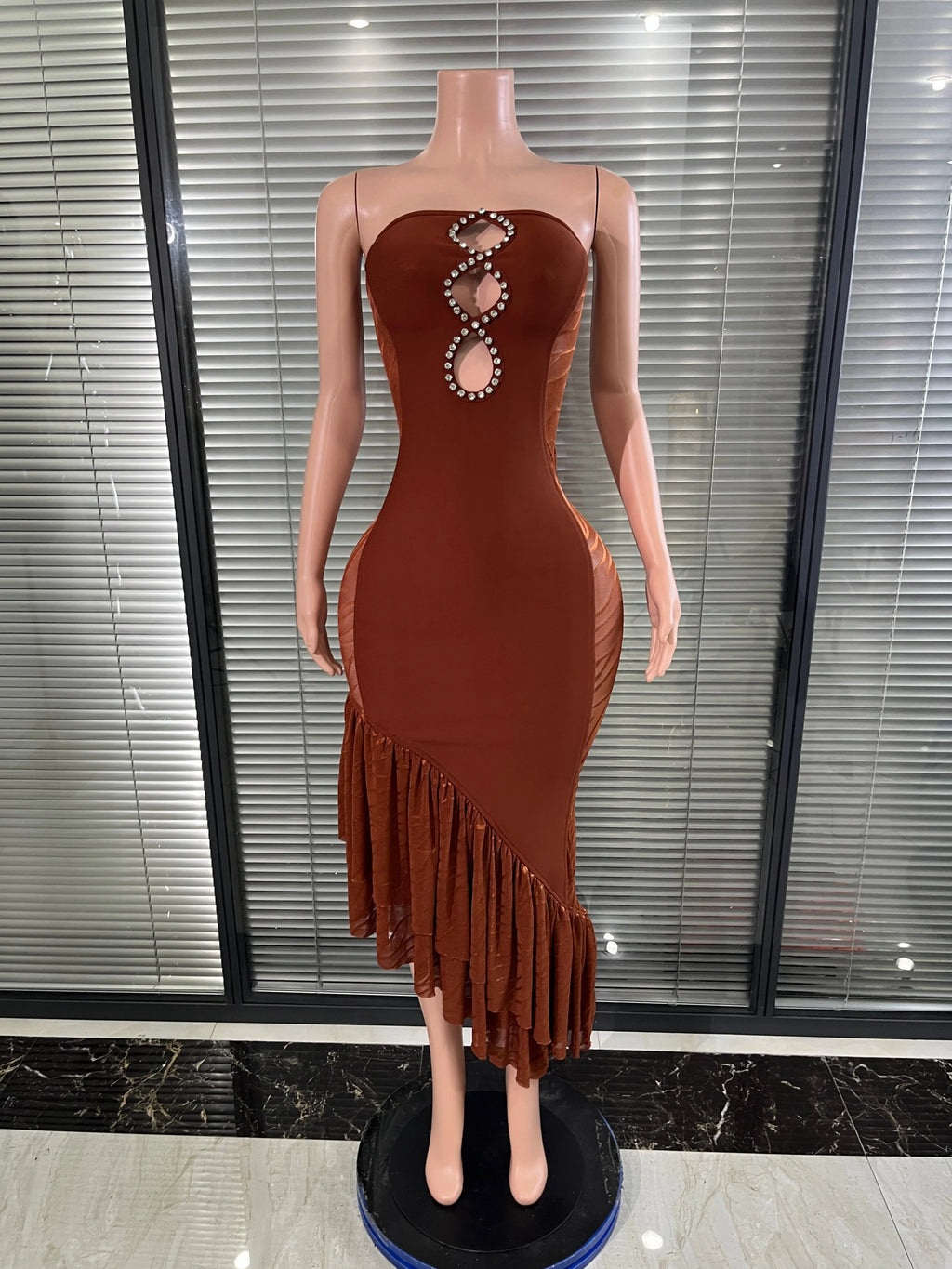 Brown Strapless Bodycon Midi Dress
