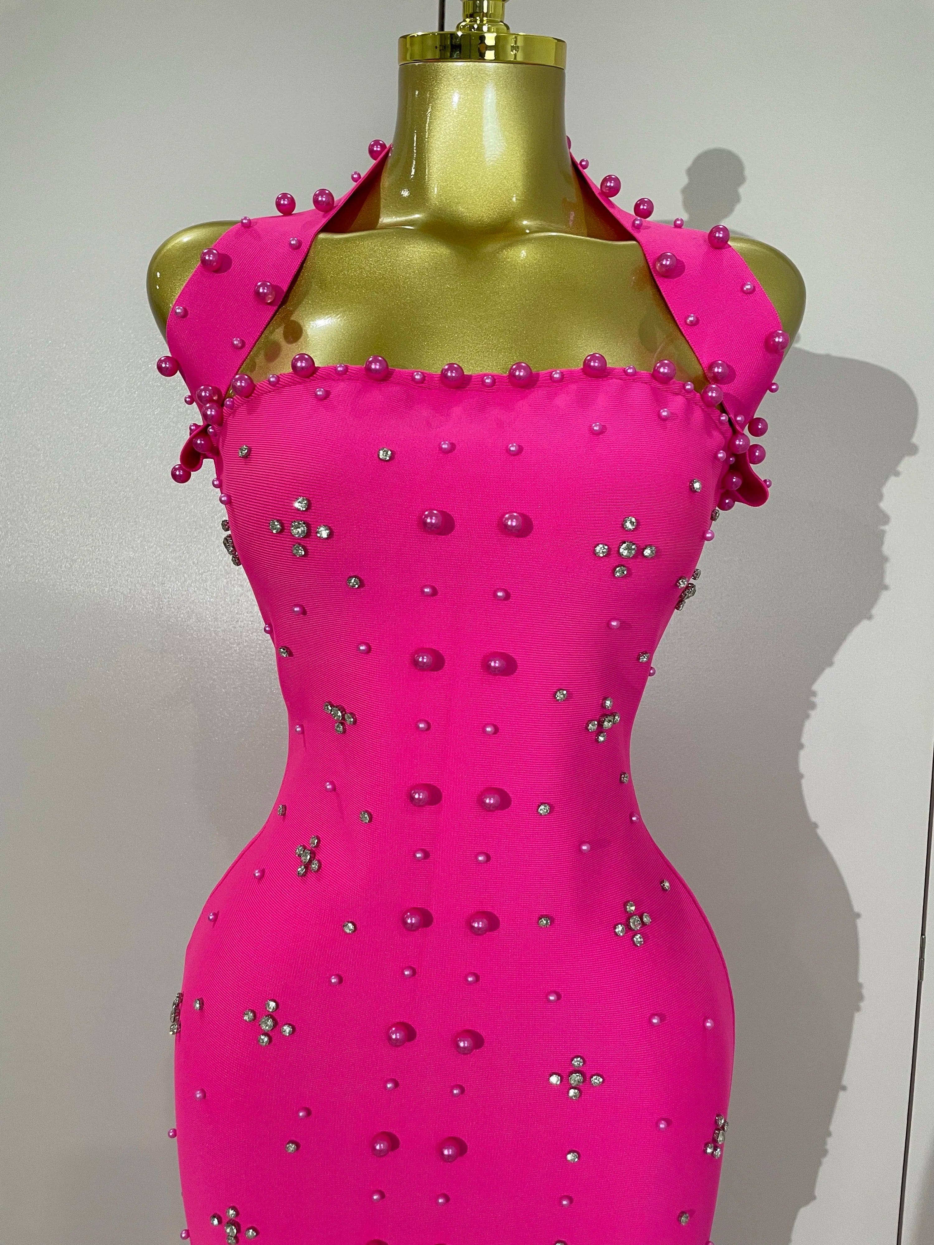 Luxury Shining Diamonds Pearls Sleeveless Bodycon Long Dress