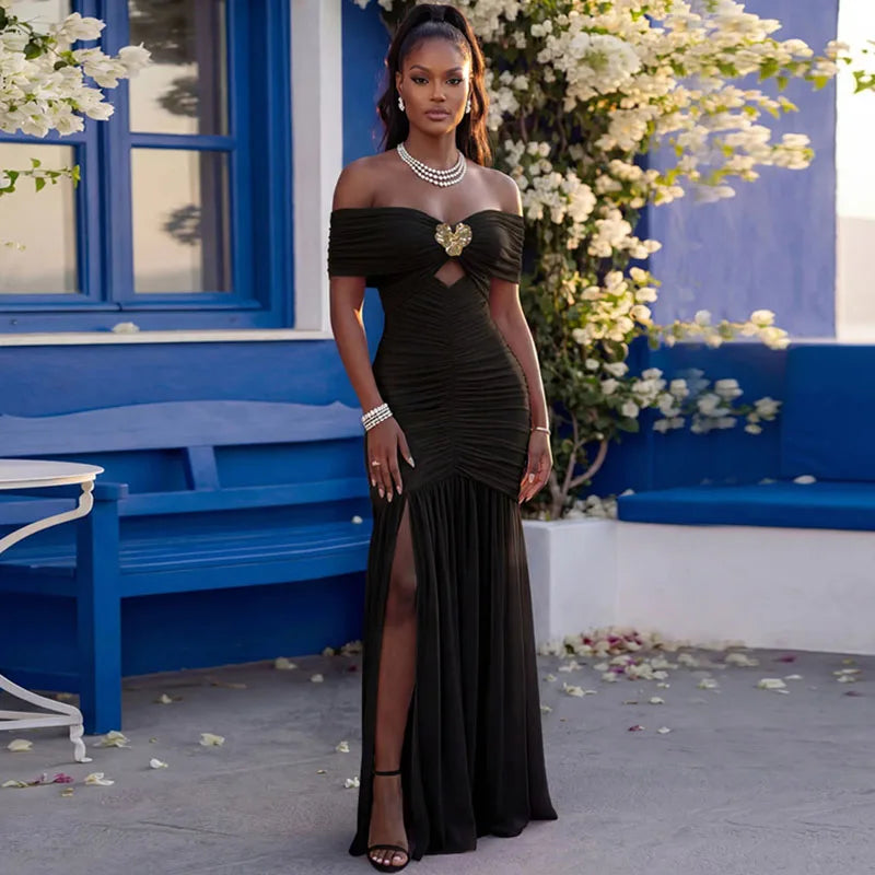 Elegant Slash Neck Cut Out Ruched Celebrity Club Party Long Dress