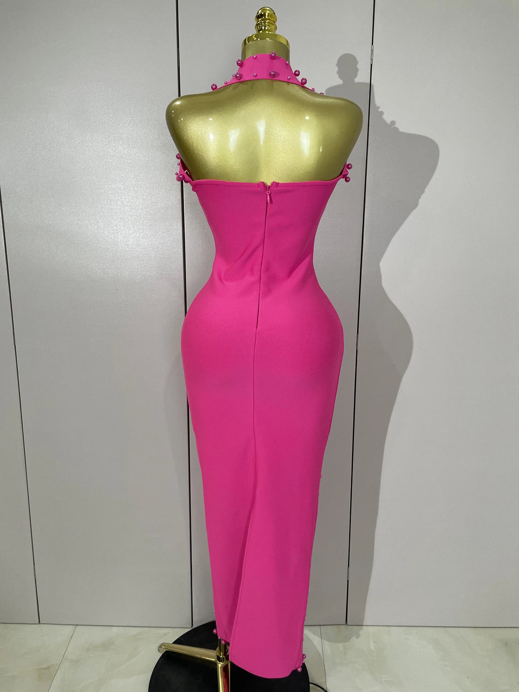 Luxury Shining Diamonds Pearls Sleeveless Bodycon Long Dress