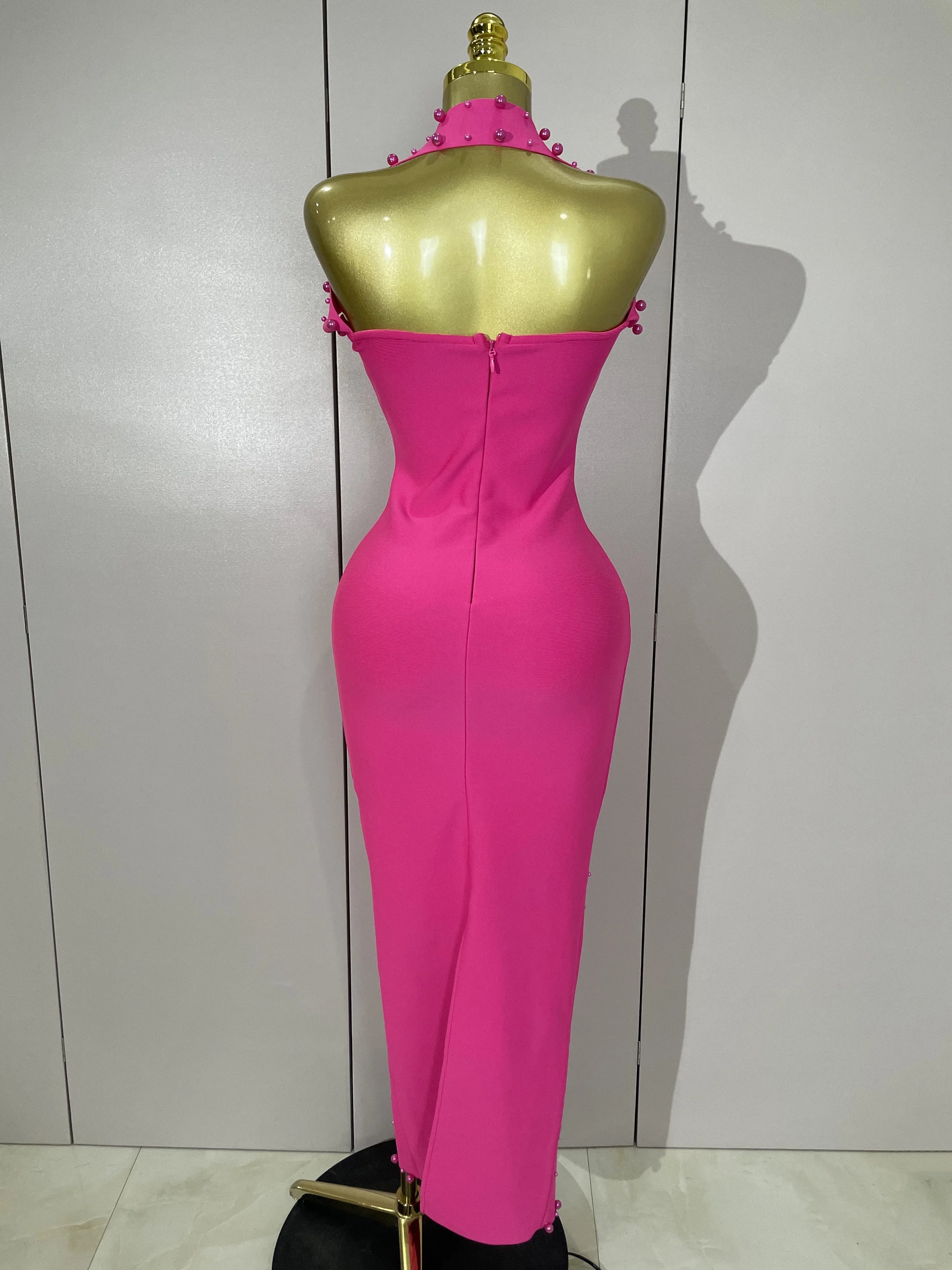 Luxury Shining Diamonds Pearls Sleeveless Bodycon Long Dress