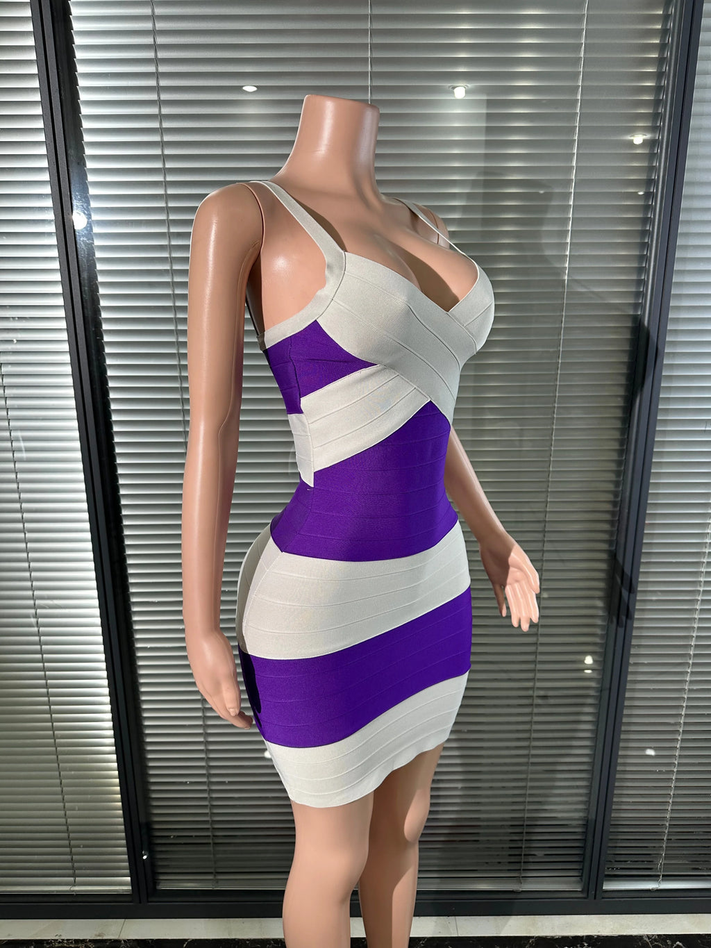 Elegant Purple White Striped Bandage Dress