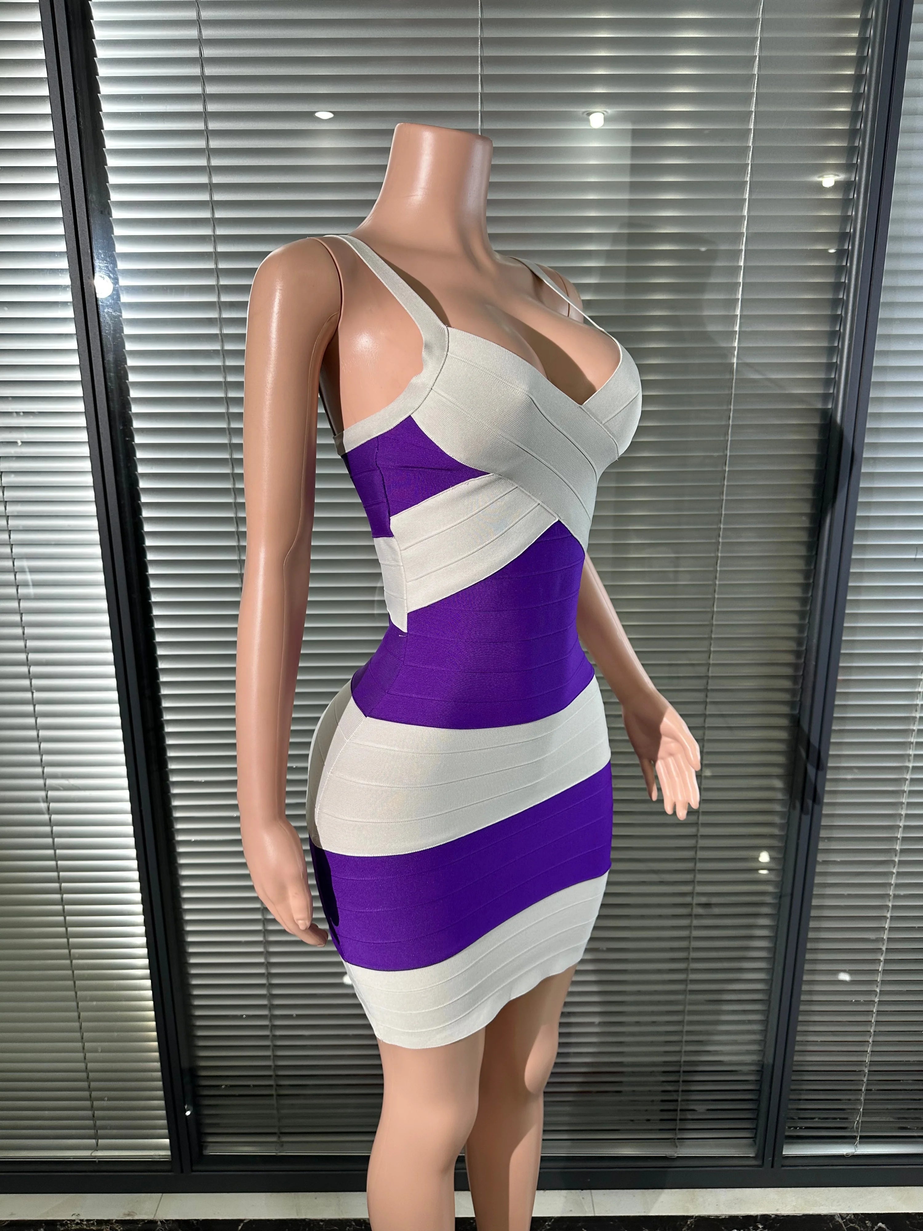 Elegant Purple White Striped Bandage Dress