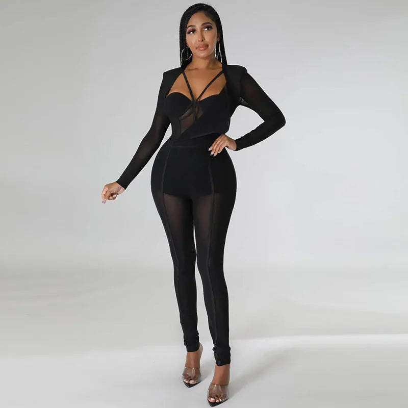 Sexy Mesh Patchwork Sheer Night Club Bodycon Jumpsuit