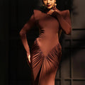 Long Sleeve High Collar Straight Shoulder Backless Pleated Long Dress
