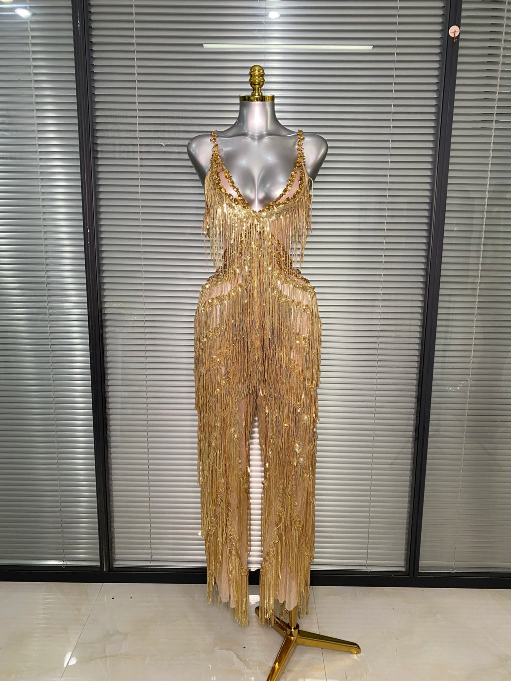 Sexy Gold Tassel Crystal Jumpsuit