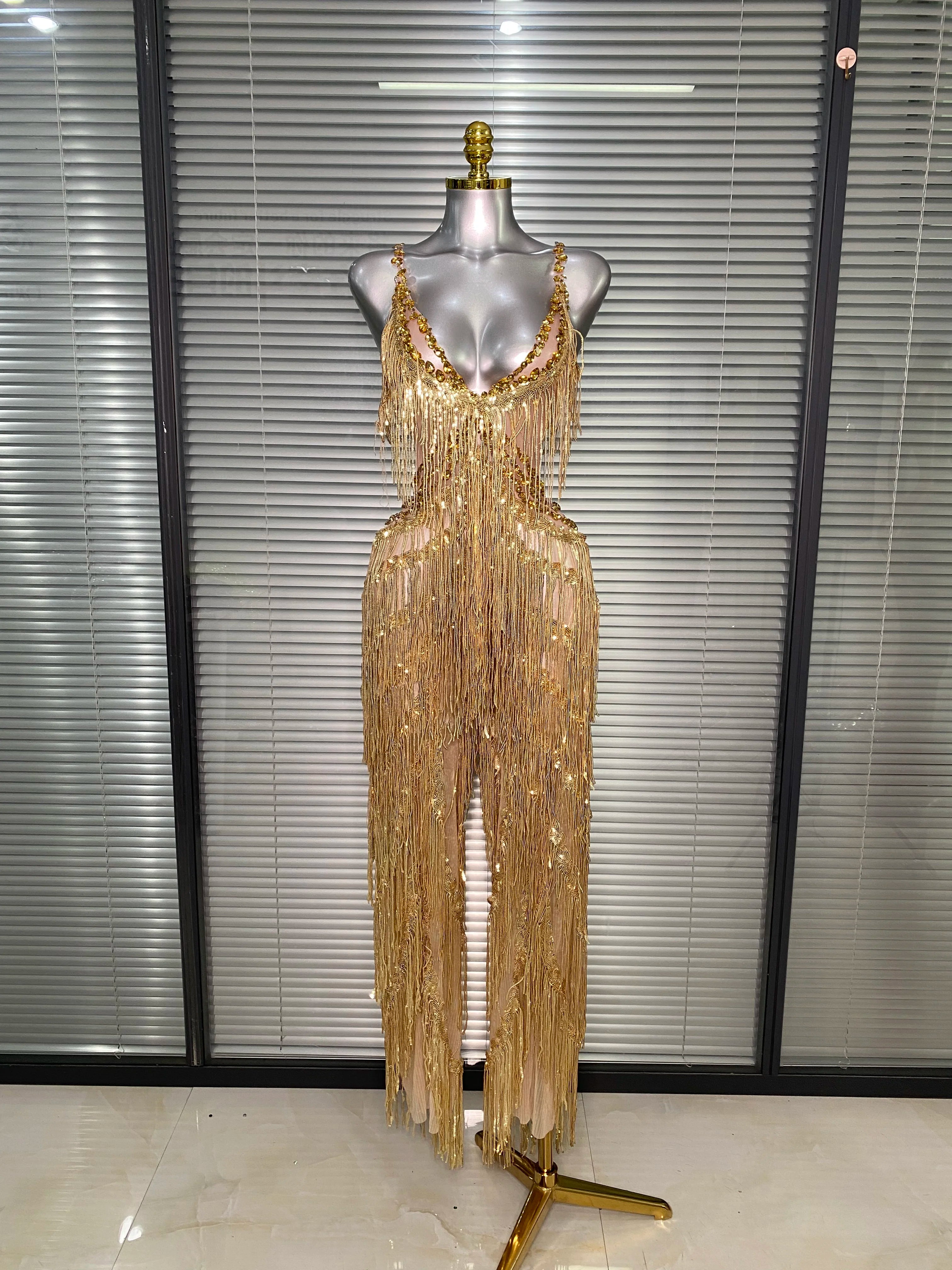 Sexy Gold Tassel Crystal Jumpsuit