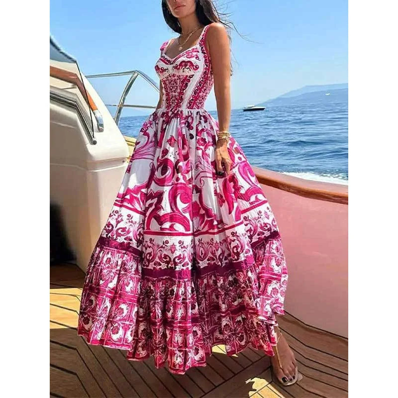 Pleated Waist Cinched Midi Length Halter Dress