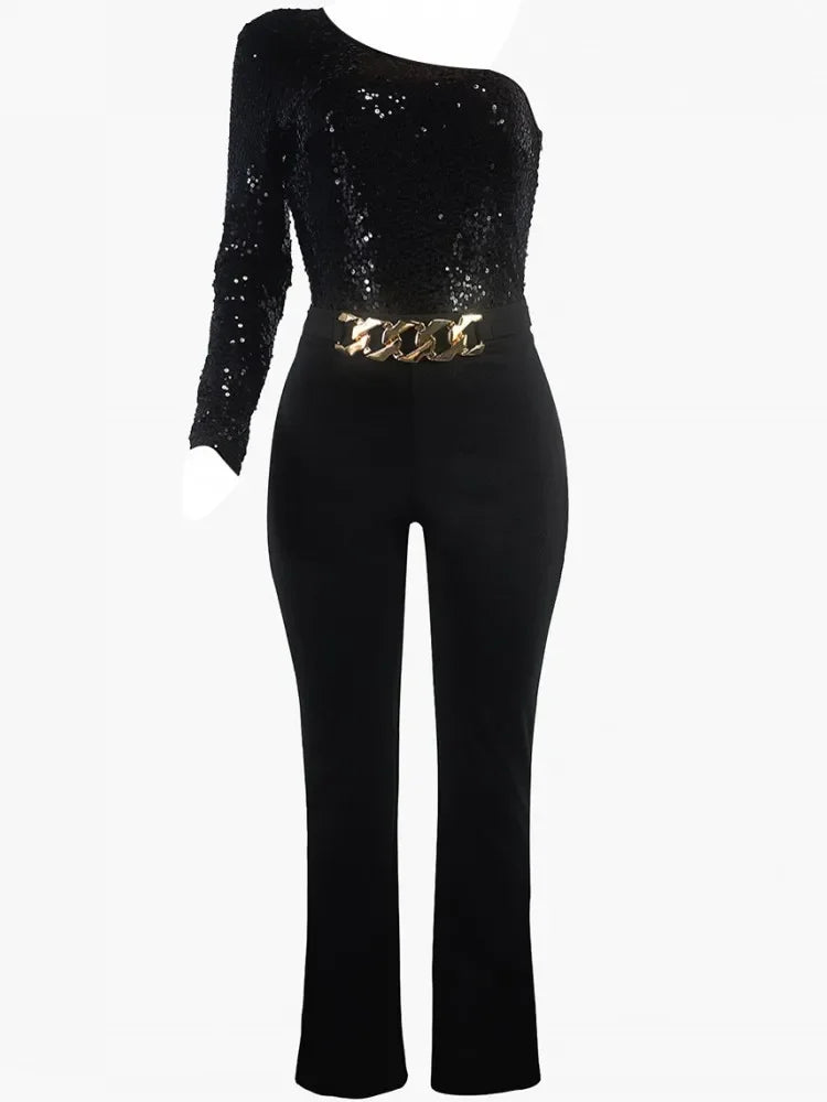 Sequin Jumpsuits Women Long Sleeve Tight High Waist