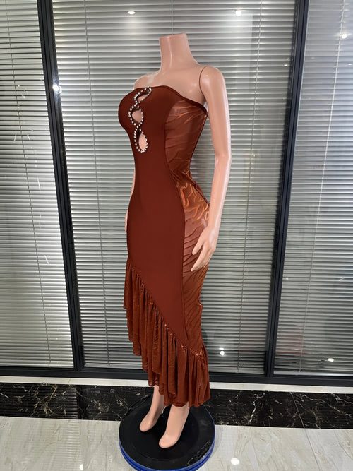 Brown Strapless Bodycon Midi Dress