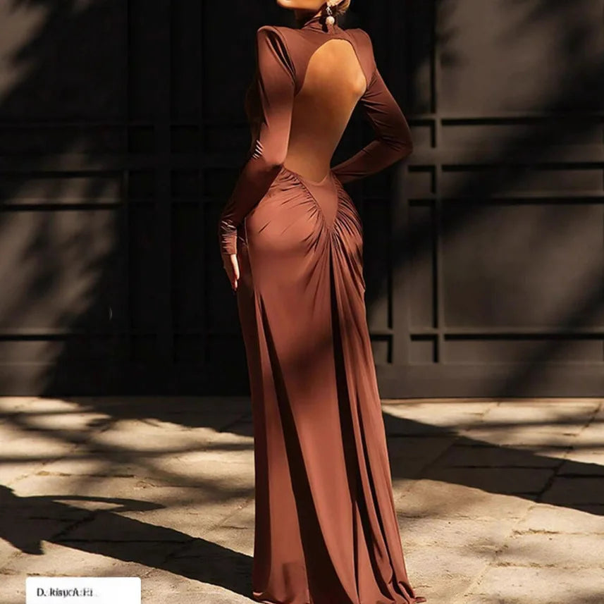 Long Sleeve High Collar Straight Shoulder Backless Pleated Long Dress